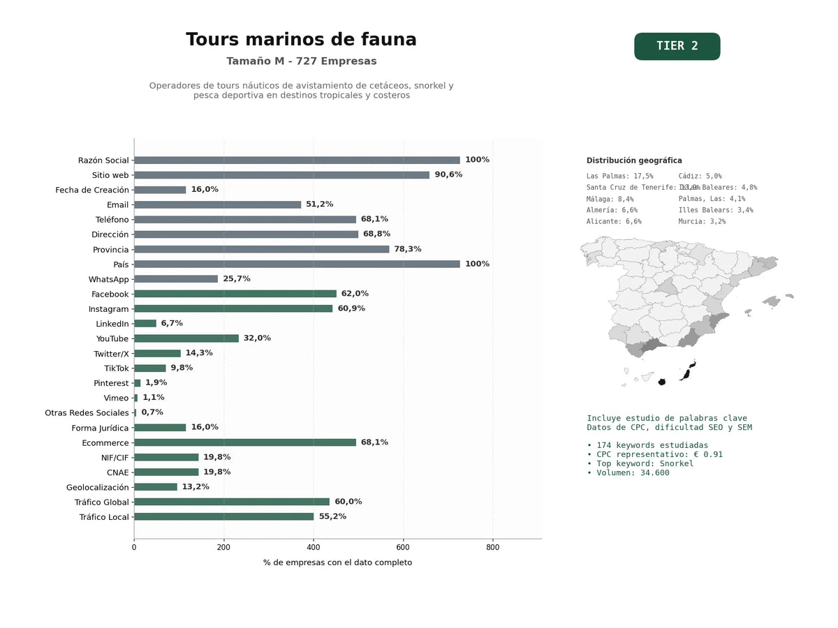 estudios de palabras clave, trafico web y datos de redes cosiales de Operadores de tours náuticos de avistamiento de cetáceos, snorkel y pesca deportiva en destinos tropicales y costeros