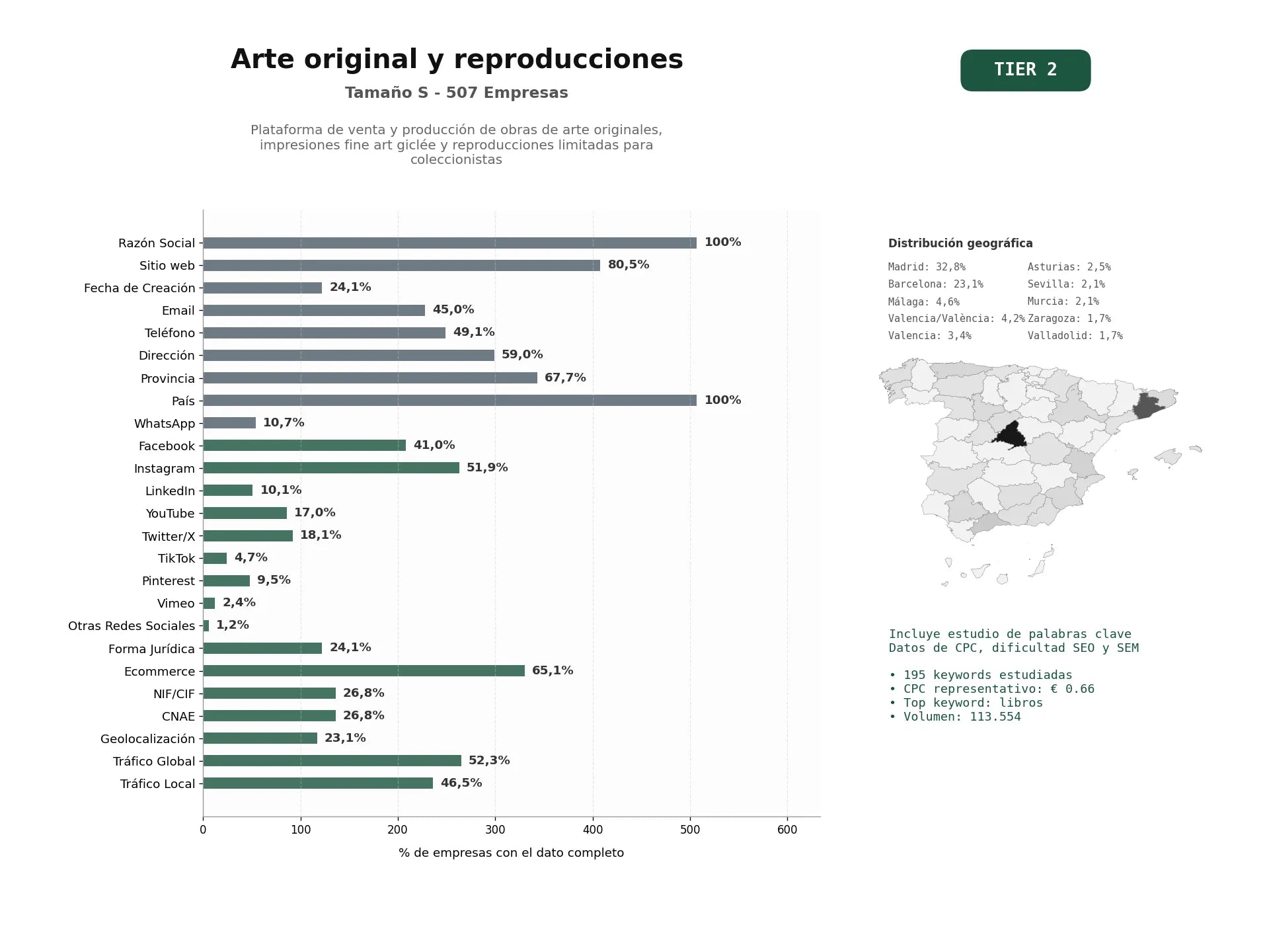 estudios de palabras clave, trafico web y datos de redes cosiales de Plataforma de venta y producción de obras de arte originales, impresiones Fine Art Giclée y reproducciones limitadas para coleccionistas