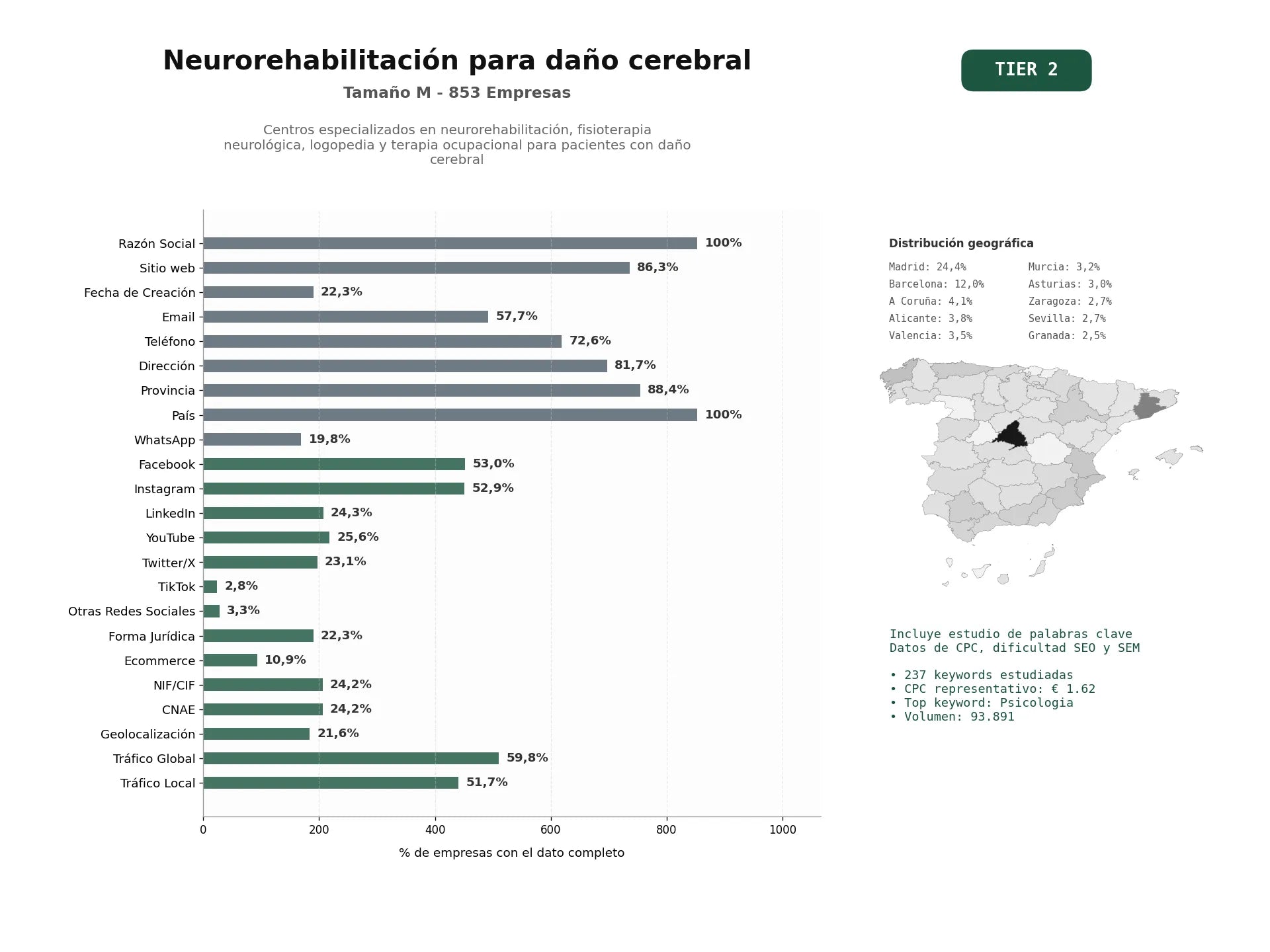 estudios de palabras clave, trafico web y datos de redes cosiales de Centros especializados en neurorehabilitación, fisioterapia neurológica, logopedia y terapia ocupacional para pacientes con daño cerebral