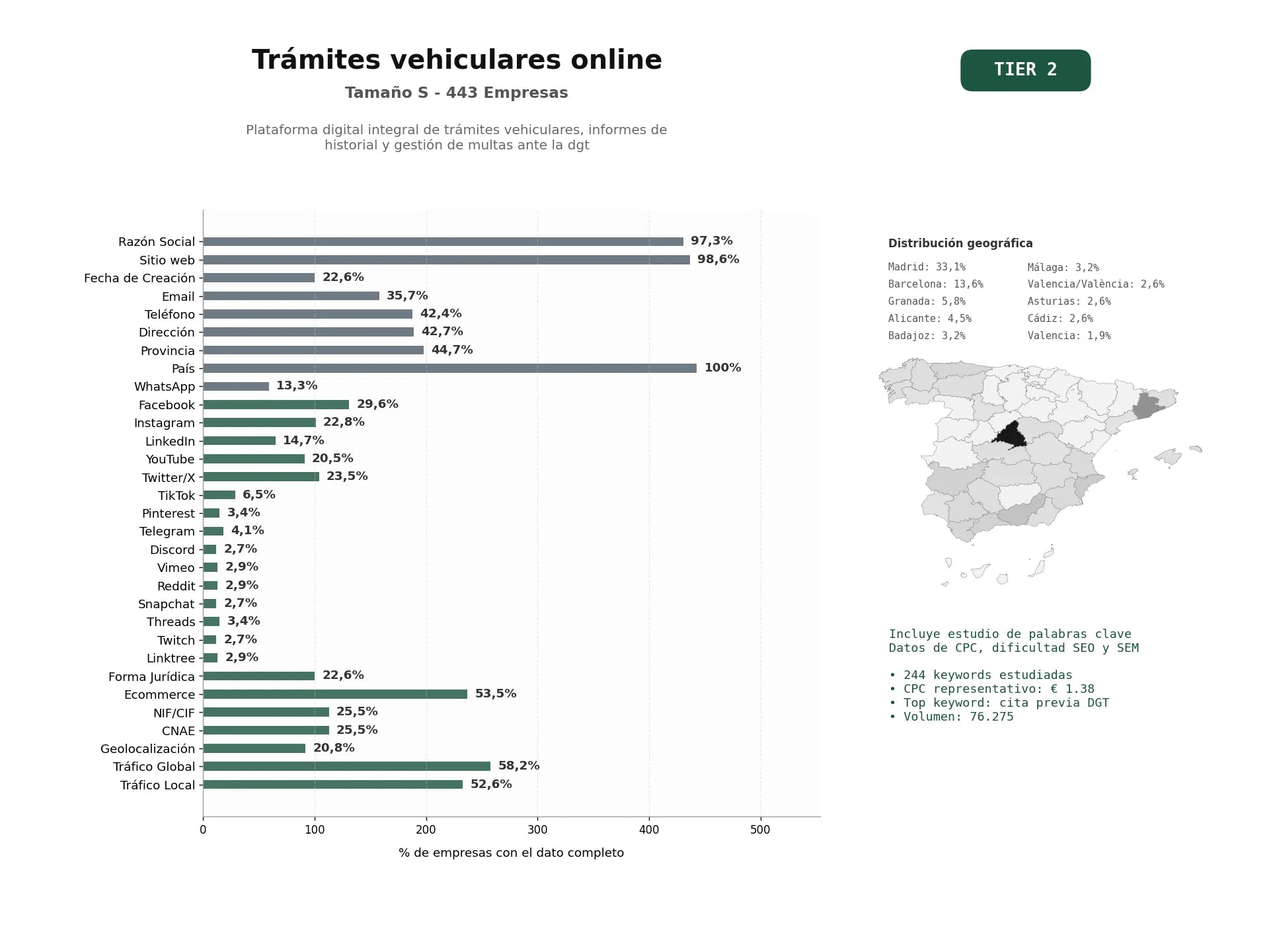 estudios de palabras clave, trafico web y datos de redes cosiales de Plataforma digital integral de trámites vehiculares, informes de historial y gestión de multas ante la DGT