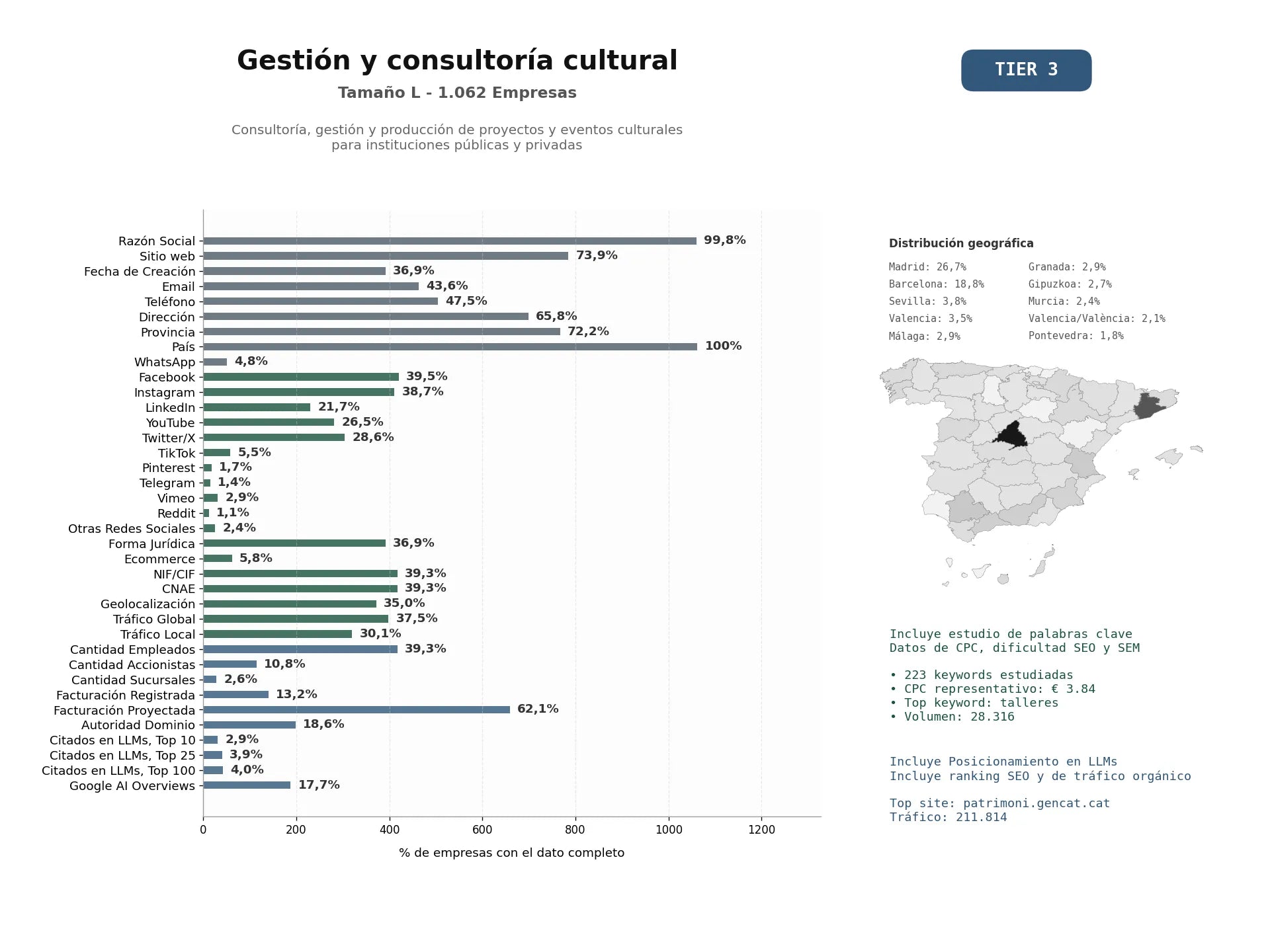 estudios de mercado y posicionamiento en chats de inteligencia artificial de Consultoría, gestión y producción de proyectos y eventos culturales para instituciones públicas y privadas