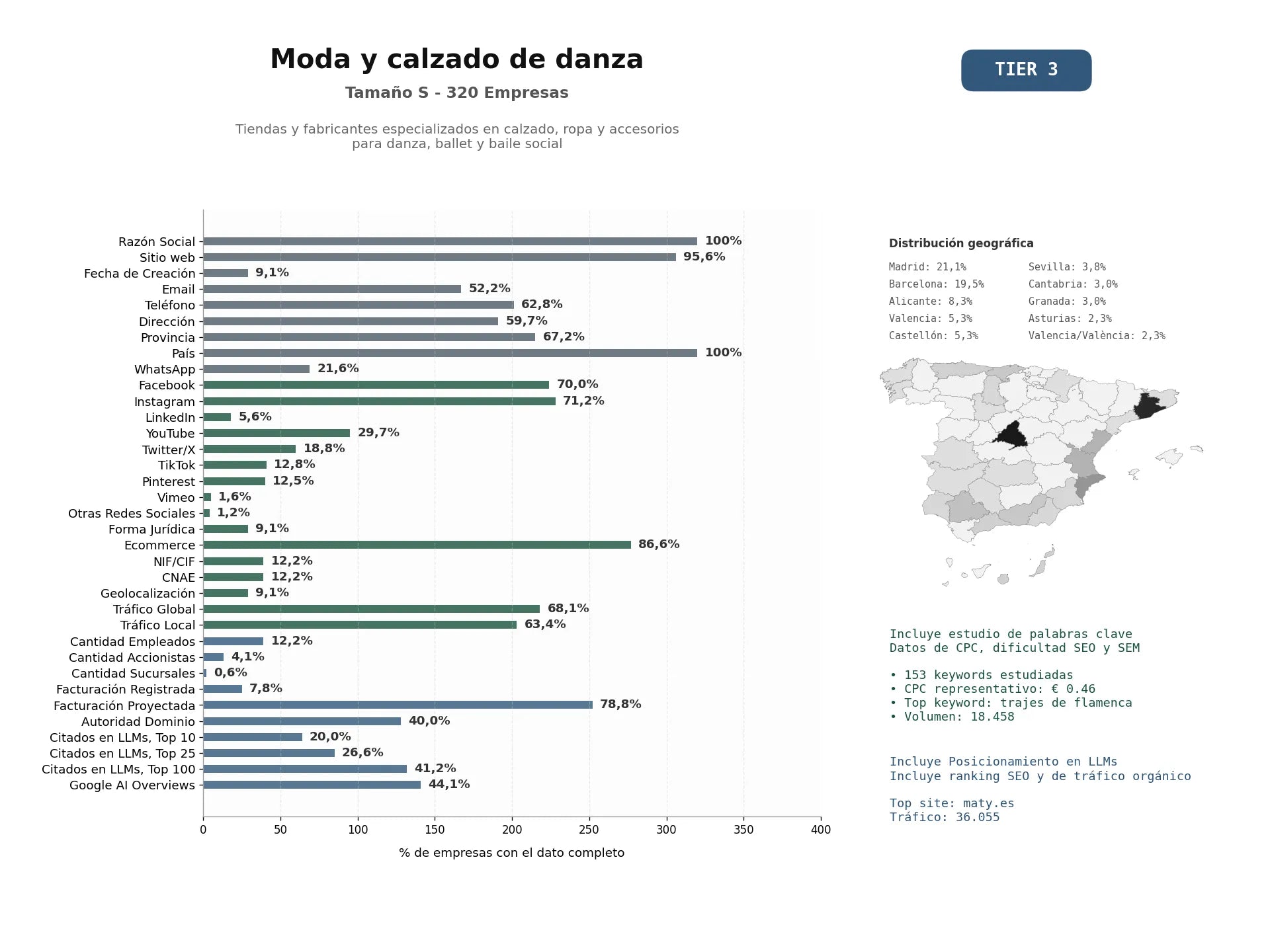 estudios de mercado y posicionamiento en chats de inteligencia artificial de Tiendas y fabricantes especializados en calzado, ropa y accesorios para danza, ballet y baile social