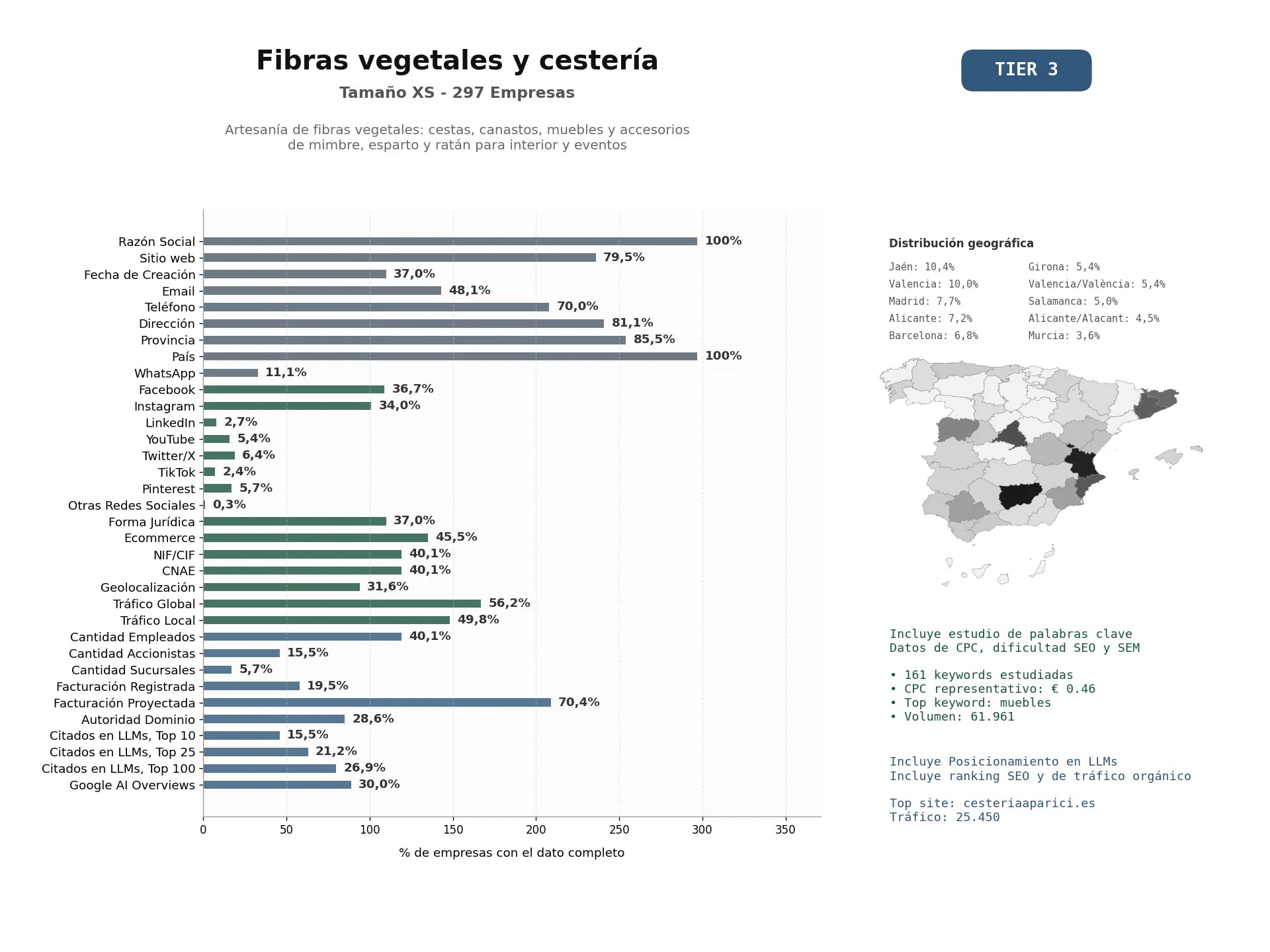 estudios de mercado y posicionamiento en chats de inteligencia artificial de Artesanía de fibras vegetales: cestas, canastos, muebles y accesorios de mimbre, esparto y ratán para interior y eventos