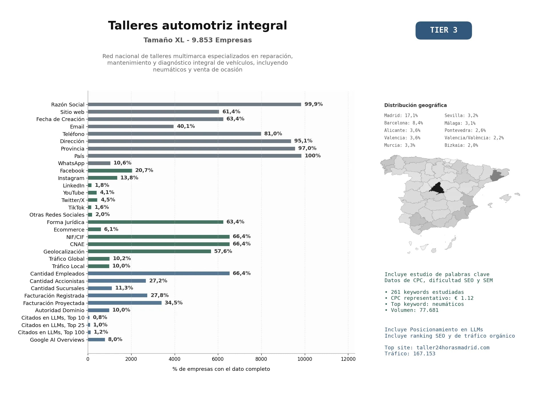 estudios de mercado y posicionamiento en chats de inteligencia artificial de Red nacional de talleres multimarca especializados en reparación, mantenimiento y diagnóstico integral de vehículos, incluyendo neumáticos y venta de ocasión