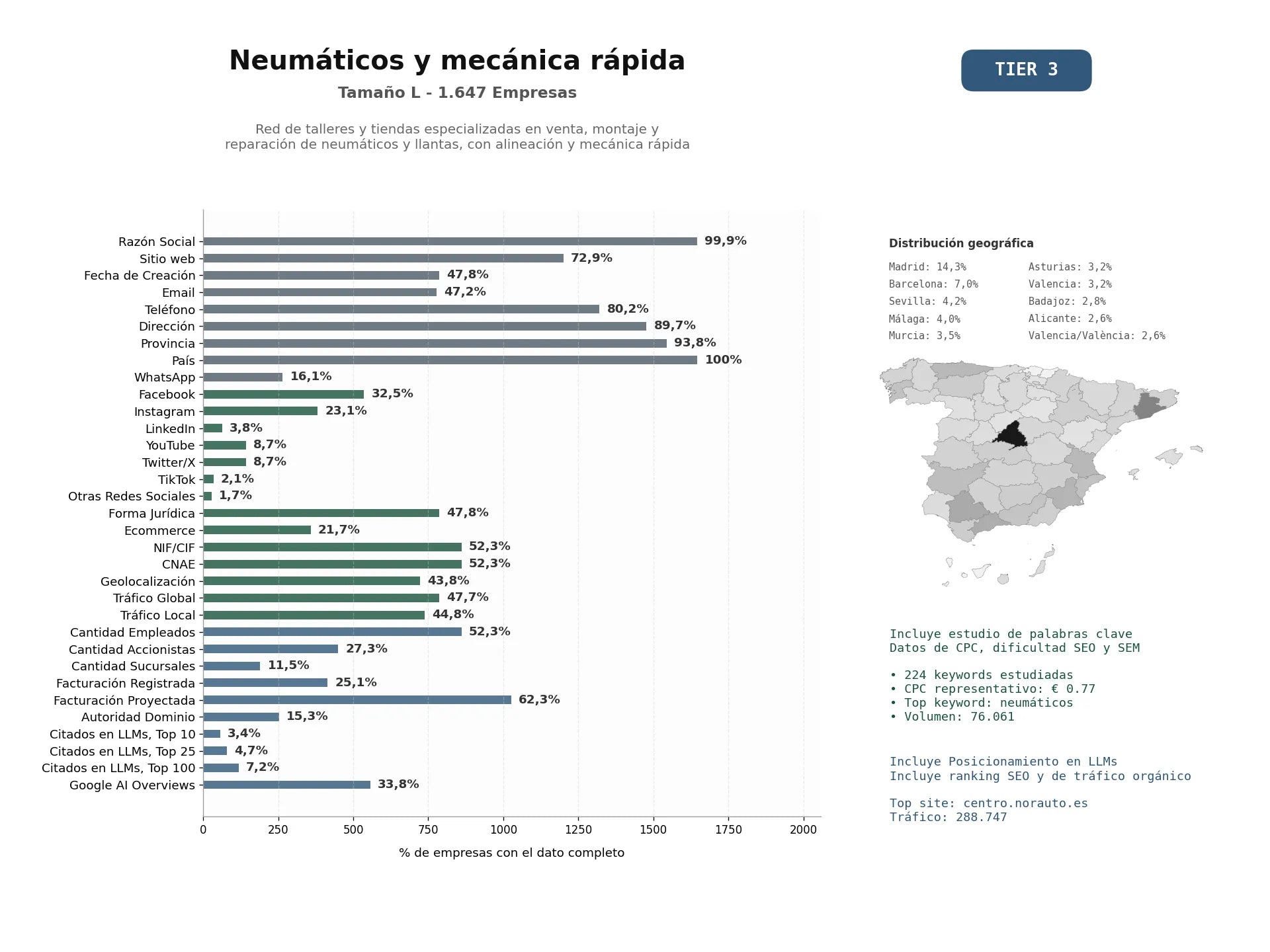 estudios de mercado y posicionamiento en chats de inteligencia artificial de Red de talleres y tiendas especializadas en venta, montaje y reparación de neumáticos y llantas, con alineación y mecánica rápida