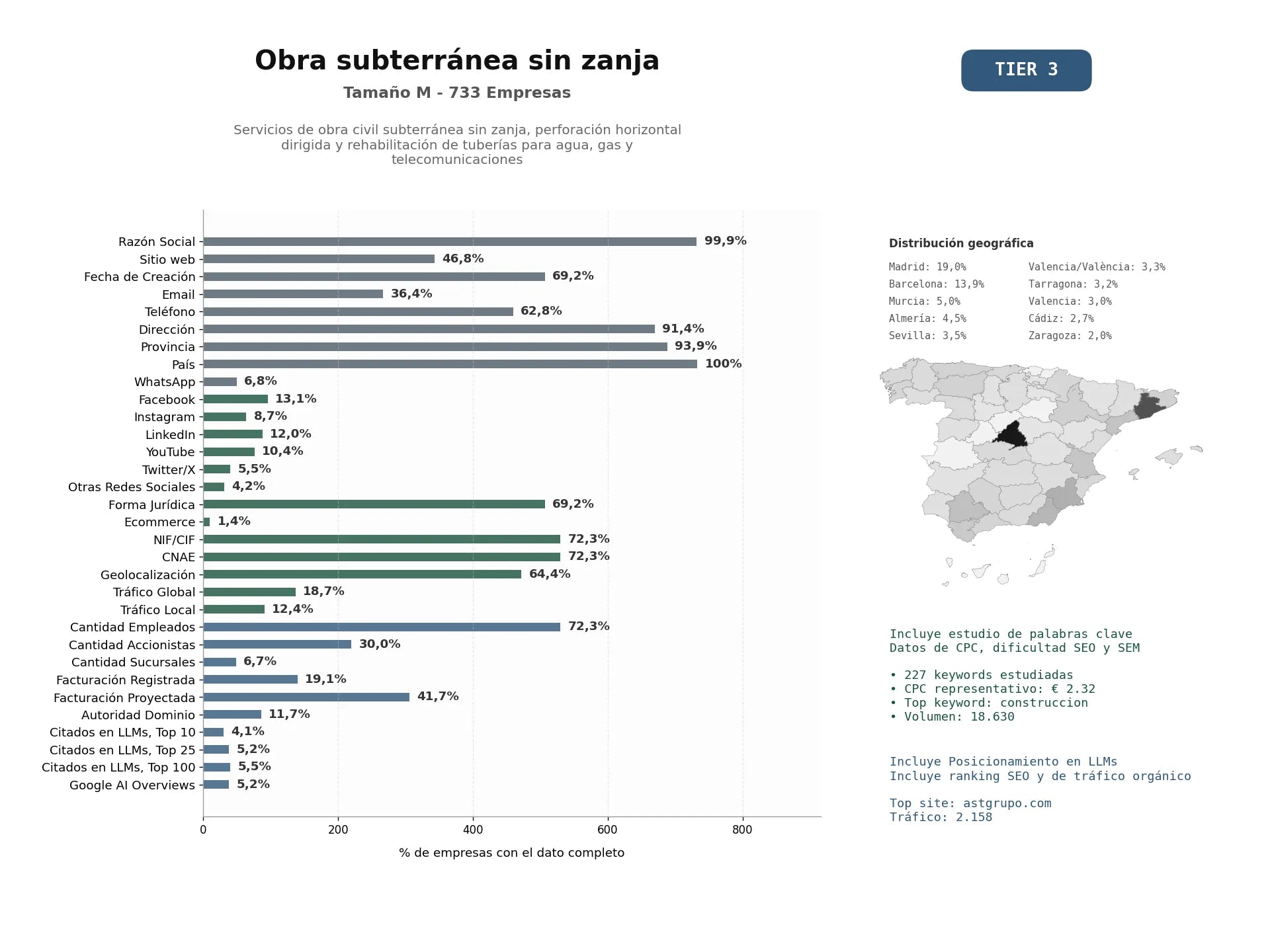 estudios de mercado y posicionamiento en chats de inteligencia artificial de Servicios de obra civil subterránea sin zanja, perforación horizontal dirigida y rehabilitación de tuberías para agua, gas y telecomunicaciones