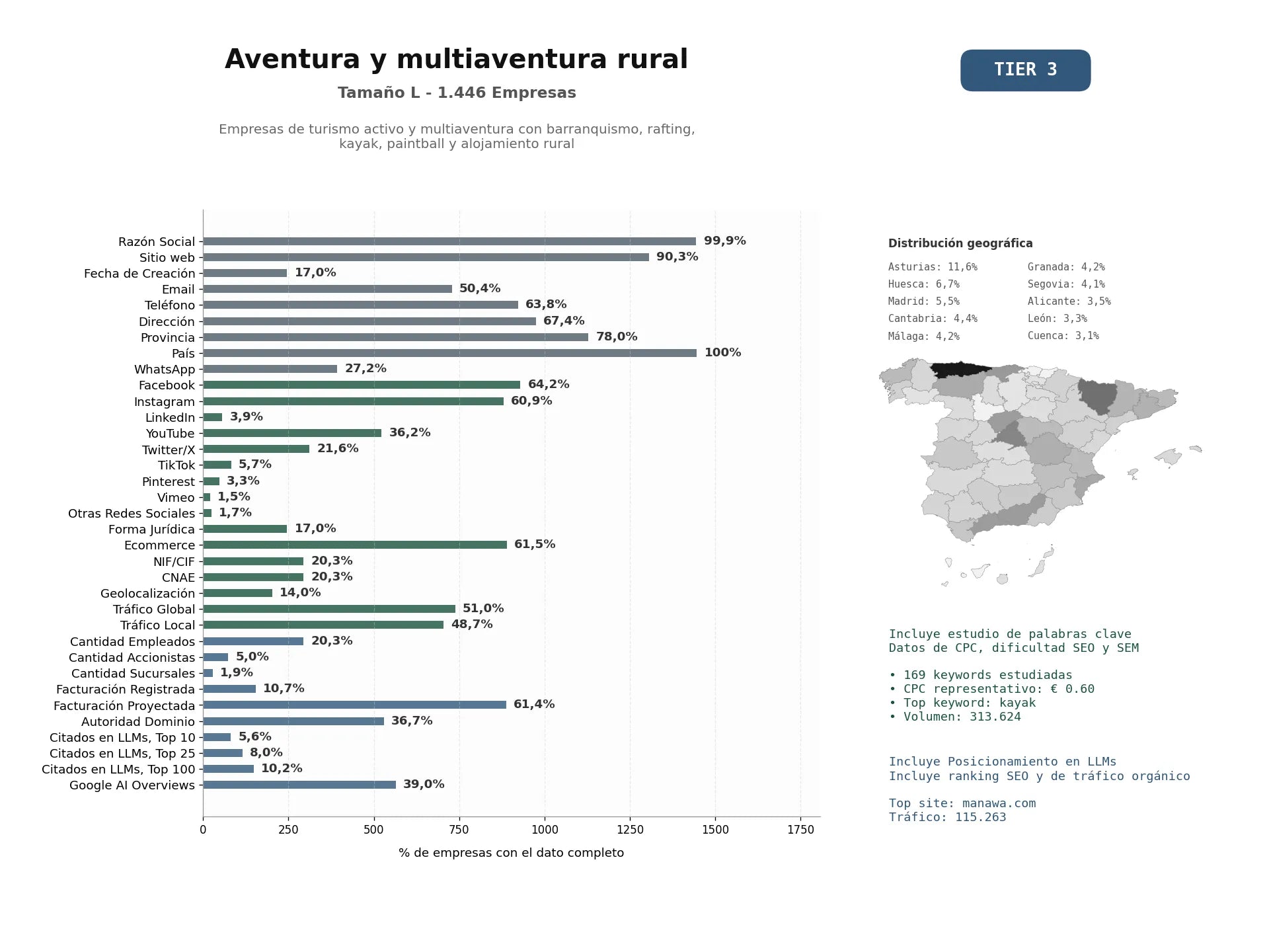 estudios de mercado y posicionamiento en chats de inteligencia artificial de Empresas de turismo activo y multiaventura con barranquismo, rafting, kayak, paintball y alojamiento rural