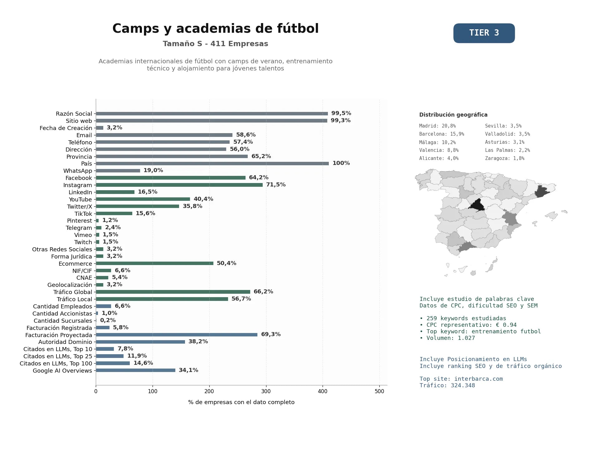 estudios de mercado y posicionamiento en chats de inteligencia artificial de Academias internacionales de fútbol con camps de verano, entrenamiento técnico y alojamiento para jóvenes talentos