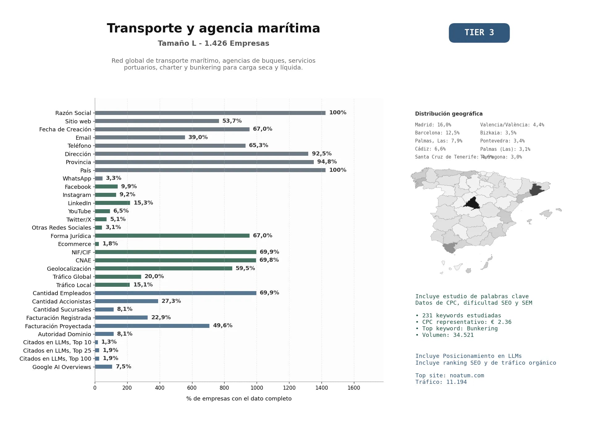 estudios de mercado y posicionamiento en chats de inteligencia artificial de Red global de transporte marítimo, agencias de buques, servicios portuarios, charter y bunkering para carga seca y líquida.
