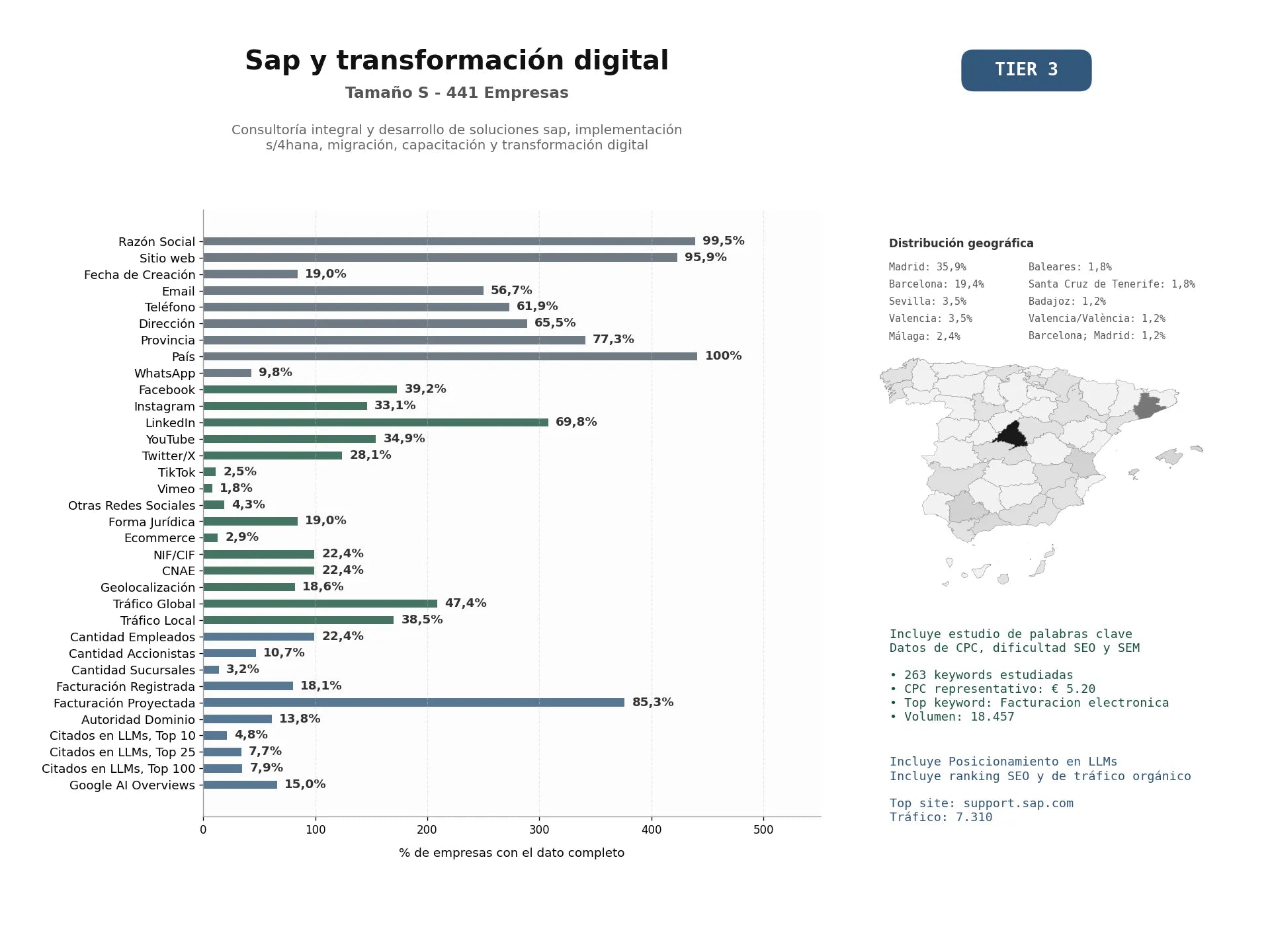 estudios de mercado y posicionamiento en chats de inteligencia artificial de Consultoría integral y desarrollo de soluciones SAP, implementación S/4HANA, migración, capacitación y transformación digital