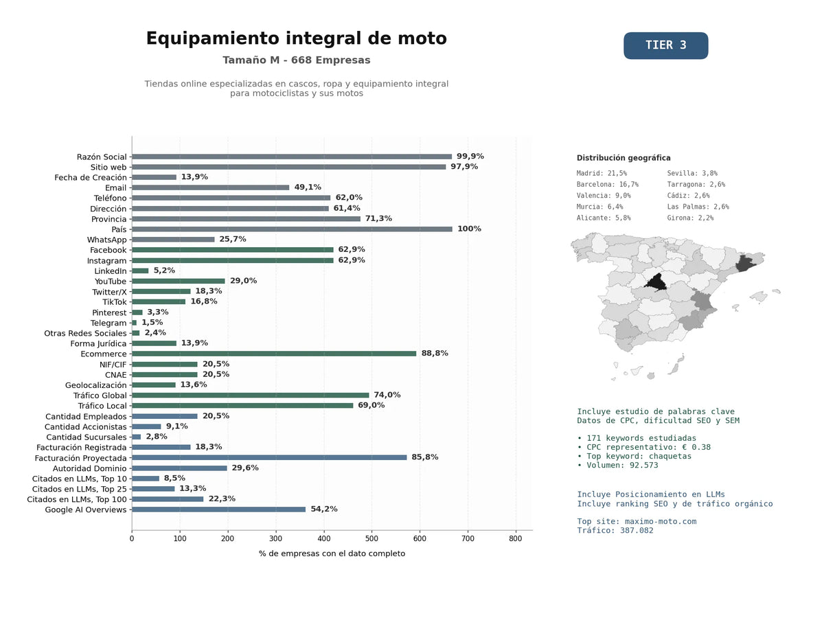 estudios de mercado y posicionamiento en chats de inteligencia artificial de Tiendas online especializadas en cascos, ropa y equipamiento integral para motociclistas y sus motos