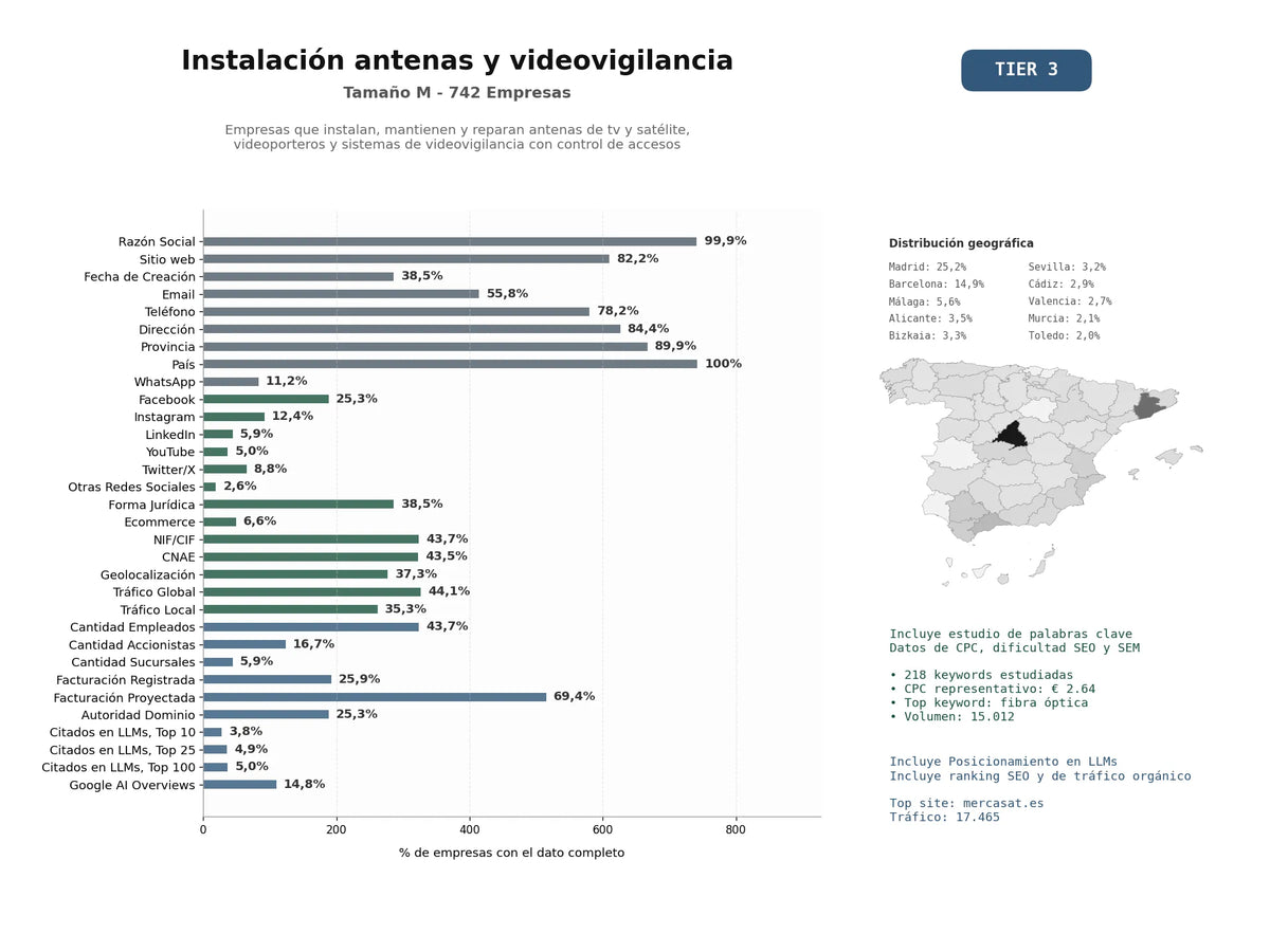 estudios de mercado y posicionamiento en chats de inteligencia artificial de Empresas que instalan, mantienen y reparan antenas de TV y satélite, videoporteros y sistemas de videovigilancia con control de accesos