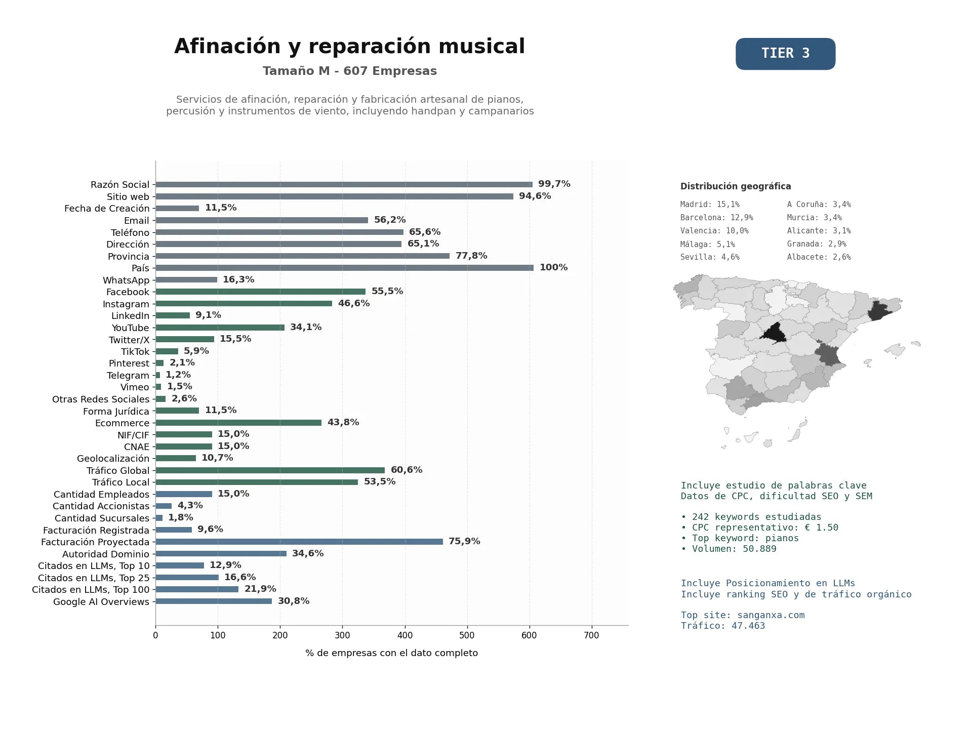 estudios de mercado y posicionamiento en chats de inteligencia artificial de Servicios de afinación, reparación y fabricación artesanal de pianos, percusión y instrumentos de viento, incluyendo handpan y campanarios