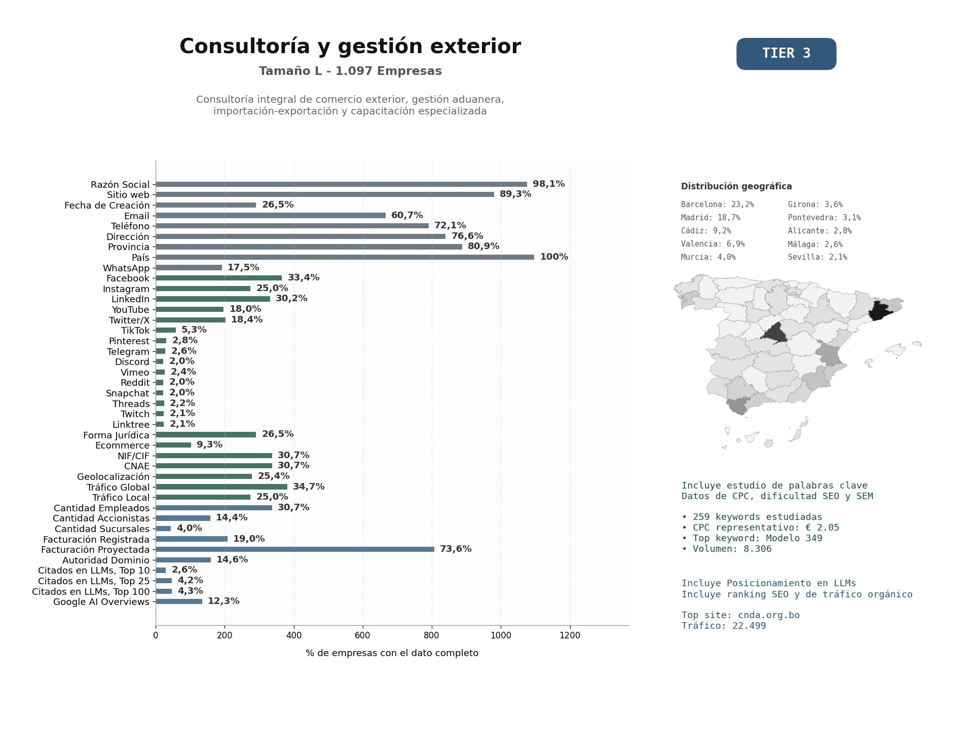 estudios de mercado y posicionamiento en chats de inteligencia artificial de Consultoría integral de comercio exterior, gestión aduanera, importación‑exportación y capacitación especializada