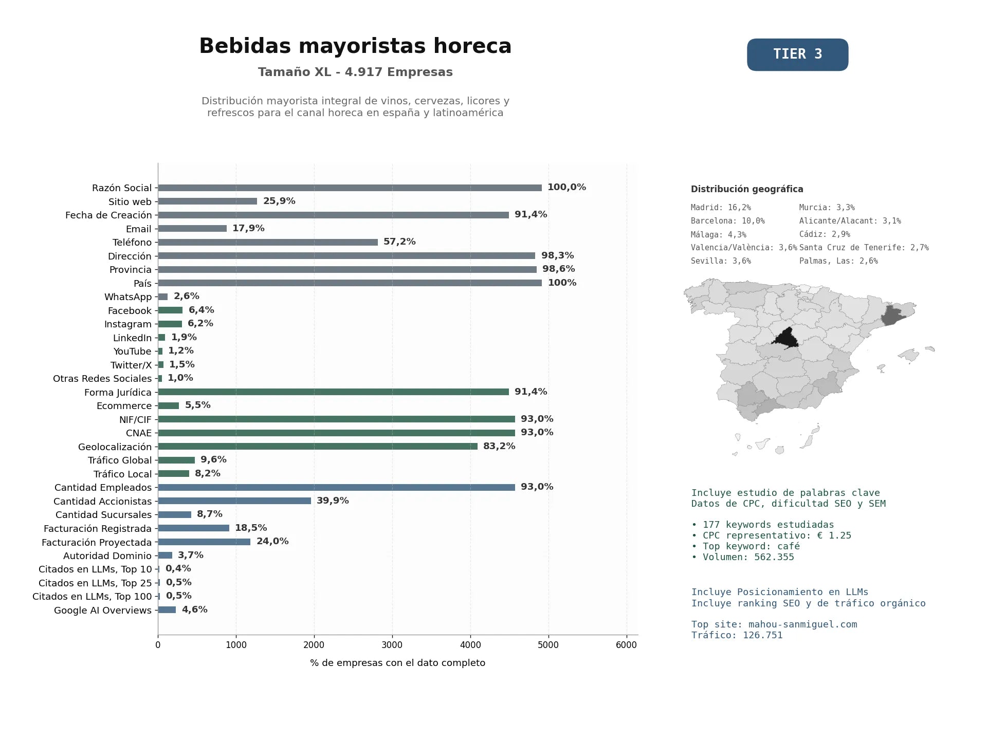 estudios de mercado y posicionamiento en chats de inteligencia artificial de Distribución mayorista integral de vinos, cervezas, licores y refrescos para el canal HORECA en España y Latinoamérica