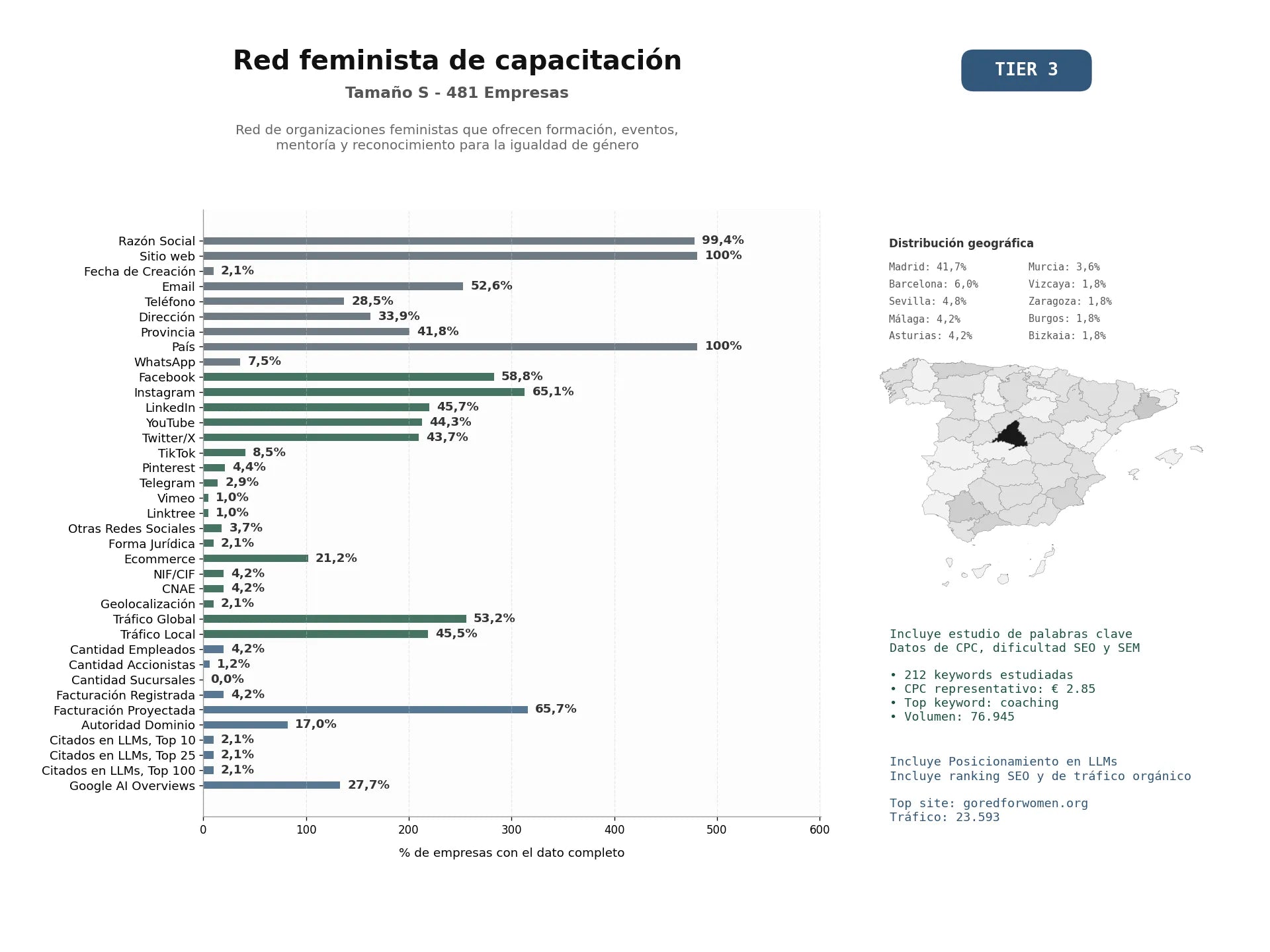 estudios de mercado y posicionamiento en chats de inteligencia artificial de Red de organizaciones feministas que ofrecen formación, eventos, mentoría y reconocimiento para la igualdad de género