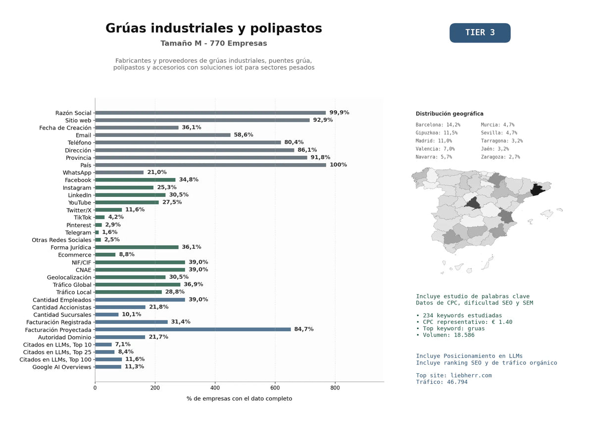 estudios de mercado y posicionamiento en chats de inteligencia artificial de Fabricantes y proveedores de grúas industriales, puentes grúa, polipastos y accesorios con soluciones IoT para sectores pesados