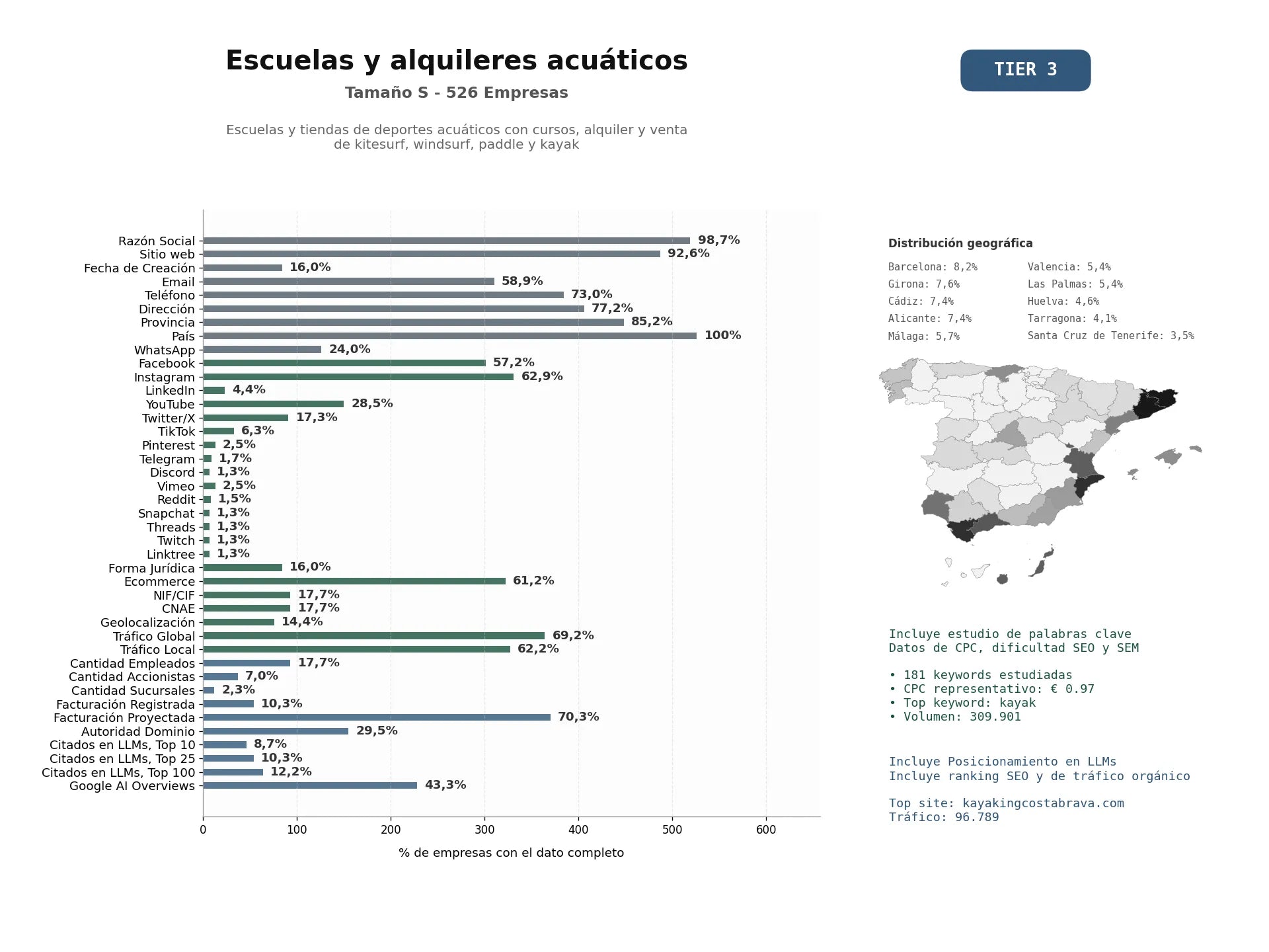 estudios de mercado y posicionamiento en chats de inteligencia artificial de Escuelas y tiendas de deportes acuáticos con cursos, alquiler y venta de kitesurf, windsurf, paddle y kayak